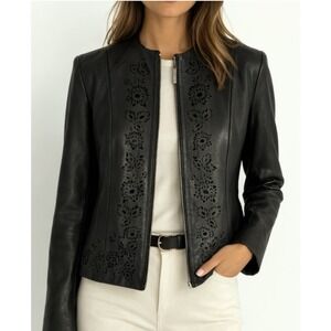 Preston and York Women's Genuine Lambskin Leather Jacket Black Large Cutouts